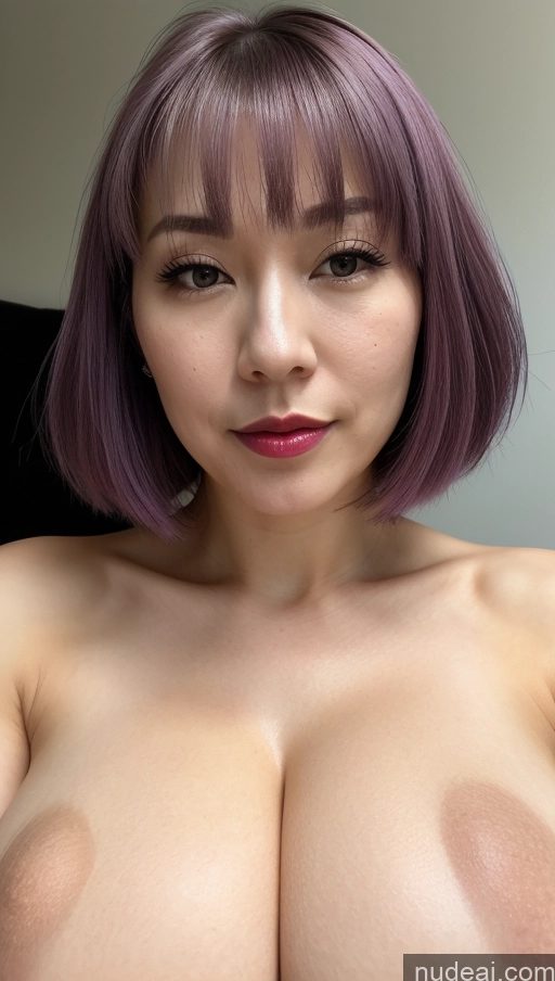 ai nude image of arafed woman with purple hair and a pink lip posing for a picture pics of Woman One Huge Boobs Beautiful Lipstick Fairer Skin Close-up View Detailed Purple Hair Bobcut Japanese 30s