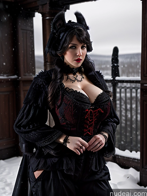 ai nude image of woman in black and red corset posing in snow covered area pics of Model One Busty Huge Boobs Perfect Boobs Muscular Big Ass Abs Big Hips Huge Tits, Hard Nipples 20s Seductive Sexy Face Slicked Italian Snow Fur Harem Pants Vampire Victorian Modern Victorian Fashion Dress Ghotic Style V1 Simple Dark Lighting Black Hair