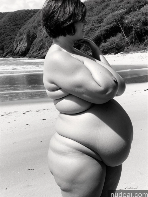 ai nude image of arafed woman standing on a beach with her arms crossed pics of Milf Huge Boobs Perfect Boobs Big Ass Thick Chubby Big Hips Perfect Body Short Hair 30s Charcoal Beach Side View Nude Oiled Body Brunette German