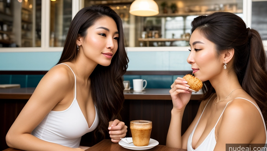 ai nude image of two women sitting at a table eating a donut and a drink pics of Athlete Long Hair Detailed Brunette 20s Chinese Small Tits Beautiful Sexy Face Pearl Jewelry Cafe Skin Detail (beta) Sundress Eating Side View