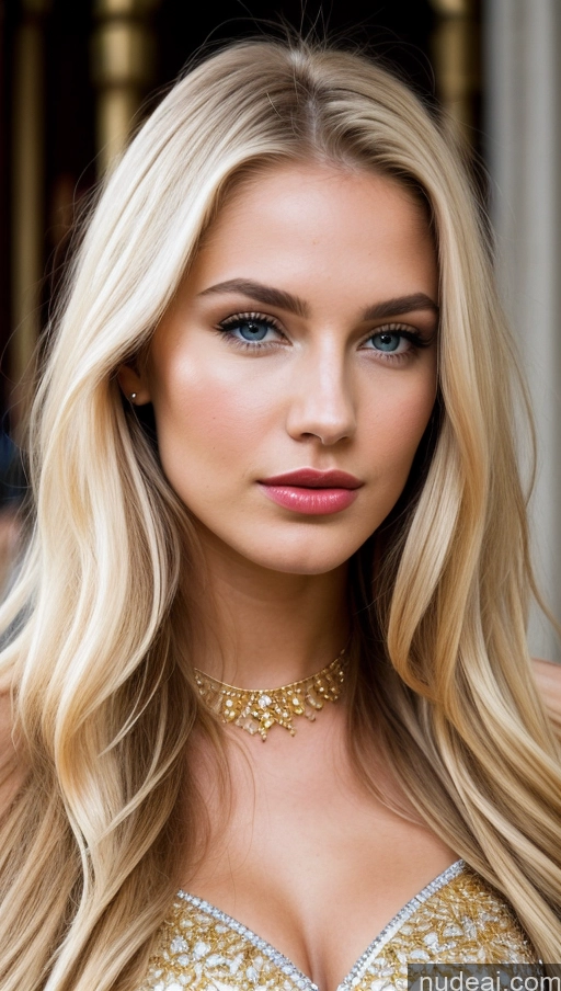 ai nude image of a close up of a woman with long blonde hair wearing a gold dress pics of Perfect Body Long Legs Blonde Long Hair Scandinavian Lipstick Pearl Jewelry 18 Huge Boobs Diamond Jewelry Pouting Lips Gold Jewelry Wedding Church