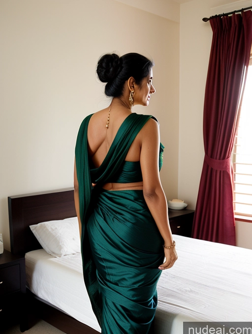 ai nude image of there is a woman in a green dress standing in a bedroom pics of One Perfect Boobs 40s Black Hair Hair Bun Indian Milf Sexy Face Bedroom Sari Back View