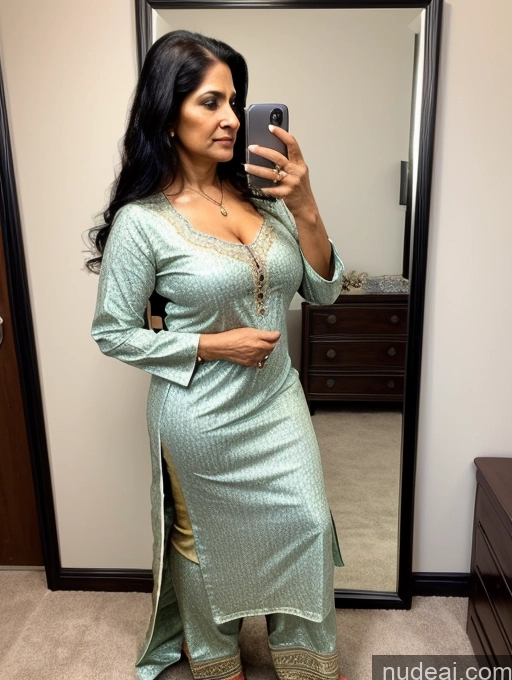 ai nude image of woman taking a selfie in a mirror in a room pics of Milf One Perfect Boobs 40s Black Hair Long Hair Indian Mirror Selfie Front View Bedroom Salwar