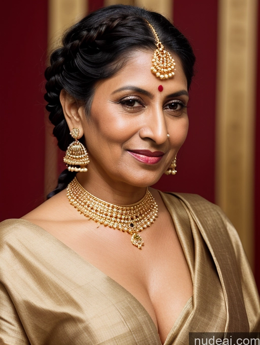 ai nude image of araffe woman in a gold dress with a gold necklace and earrings pics of Milf One Perfect Boobs 40s Black Hair Indian Close-up View Braided Sari Gold Jewelry Traditional