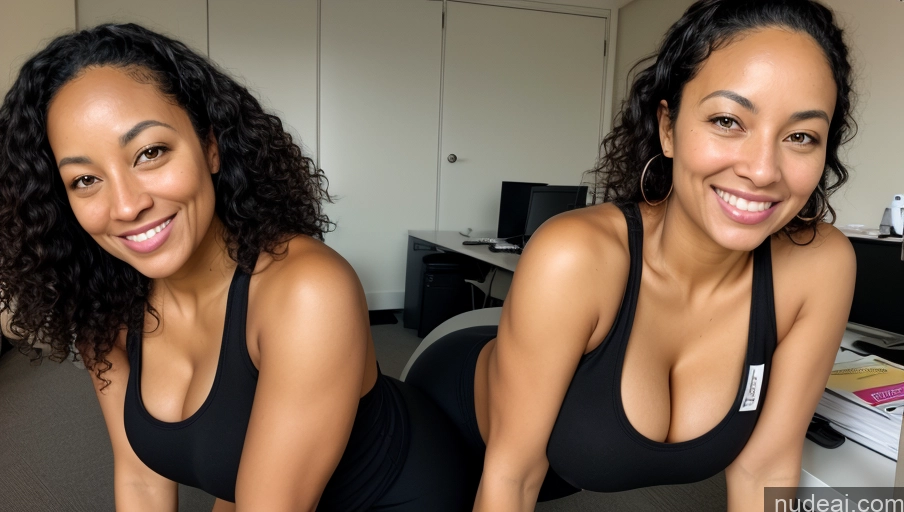 ai nude image of there are two women in black shirts posing for a picture pics of Wife Or Girlfriend Busty Big Ass Thick Big Hips Short Pubic Hair Dark Skin 40s Happy Black Hair Curly Hair Black Office Full Frontal Tank Top Yoga Pants Cleavage Detailed