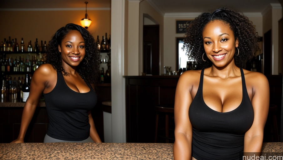 ai nude image of there are two women standing at a bar smiling for the camera pics of Wife Or Girlfriend Busty Big Ass Thick Big Hips Short Pubic Hair Dark Skin 40s Happy Black Hair Curly Hair Black Full Frontal Tank Top Yoga Pants Cleavage Detailed Bar