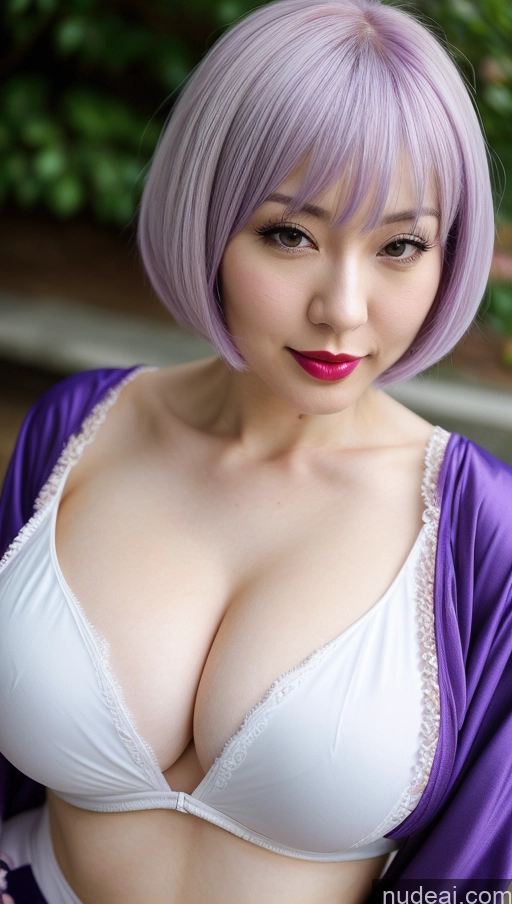 ai nude image of araffed asian woman with purple hair and white bralet posing for a picture pics of Woman One Huge Boobs Beautiful Lipstick Fairer Skin 30s Bobcut Japanese Close-up View Purple Hair Detailed Cosplay