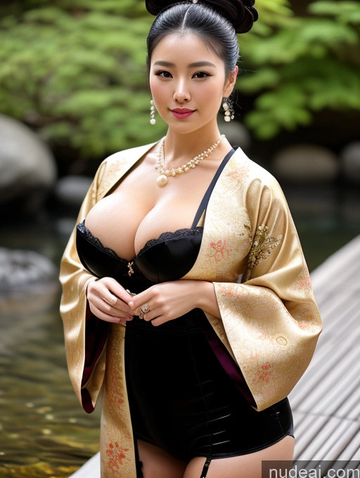 ai nude image of araffe asian woman in a kimono posing for a picture pics of Busty Perfect Boobs Big Hips Oiled Body Perfect Body Black Hair Japanese Onsen Kimono Gloves Traditional Wedding Stockings Pearl Jewelry Jewelry Hair Tied Up