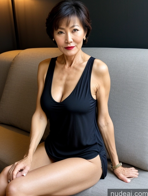 ai nude image of there is a woman sitting on a couch with a black top pics of Milf Perfect Boobs Lipstick Pixie Spreading Legs Casual Shirt Partially Nude Dark Lighting Chinese Perfect Body Pubic Hair Couch Tunic Tank Top Blouse 70s