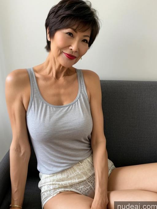 ai nude image of there is a woman sitting on a couch with a remote control pics of Milf Perfect Boobs Lipstick Pixie Spreading Legs Casual Shirt Partially Nude Dark Lighting Chinese Perfect Body Pubic Hair Couch Tunic Tank Top Blouse 70s