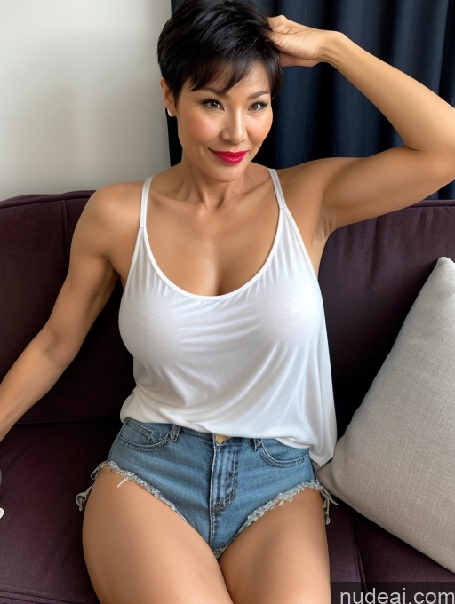 ai nude image of there is a woman sitting on a couch with a remote control pics of Milf Perfect Boobs Lipstick Pixie Spreading Legs Casual Shirt Partially Nude Dark Lighting Chinese Perfect Body Pubic Hair Couch Tunic Tank Top Blouse 50s