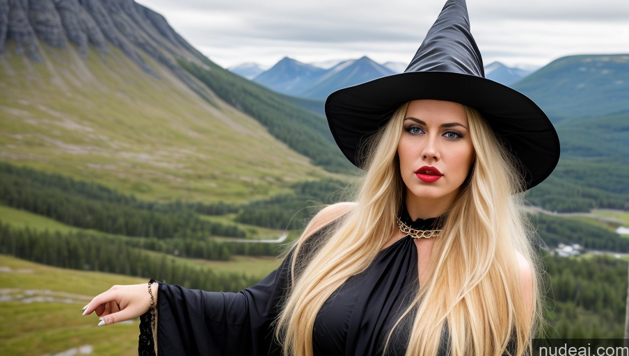 ai nude image of blond woman in black witch costume posing for a picture in a mountain valley pics of Busty Perfect Body Pubic Hair Long Legs 18 Angry Blonde Long Hair Scandinavian Mountains Witch Pearl Jewelry Lipstick