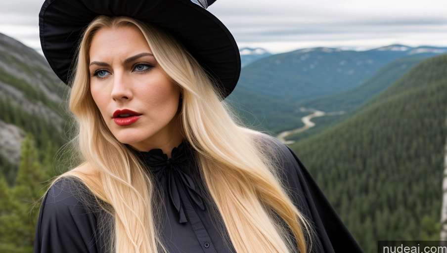 ai nude image of blond woman with black hat and black dress in mountains pics of Busty Perfect Body Pubic Hair Long Legs 18 Angry Blonde Long Hair Scandinavian Mountains Witch Pearl Jewelry Lipstick