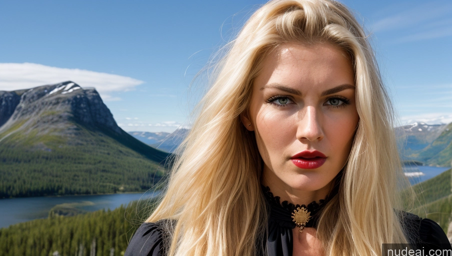 ai nude image of blond woman with red lips and black dress standing in front of a mountain pics of Busty Perfect Body Pubic Hair Long Legs 18 Angry Blonde Long Hair Scandinavian Mountains Witch Pearl Jewelry Lipstick Beautiful