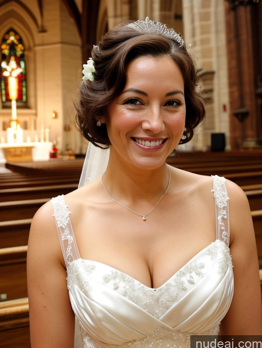 ai nude image of arafed woman in a wedding dress smiling in a church pics of Busty Big Ass Big Hips Short Pubic Hair 50s Happy Brunette Pixie White Wife Or Girlfriend Wedding Church