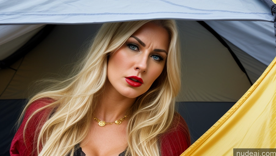 ai nude image of blond woman with red lipstick and red shirt holding an umbrella pics of Busty Pubic Hair Perfect Body Long Legs 20s Blonde Long Hair Scandinavian Tent Witch Gold Jewelry Cleavage Lipstick Angry