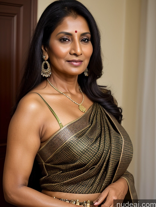 ai nude image of there is a woman in a sari posing for a picture pics of One Tanned Skin Milf Black Hair Long Hair Indian Sari Blouse Close-up View 50s Perfect Boobs