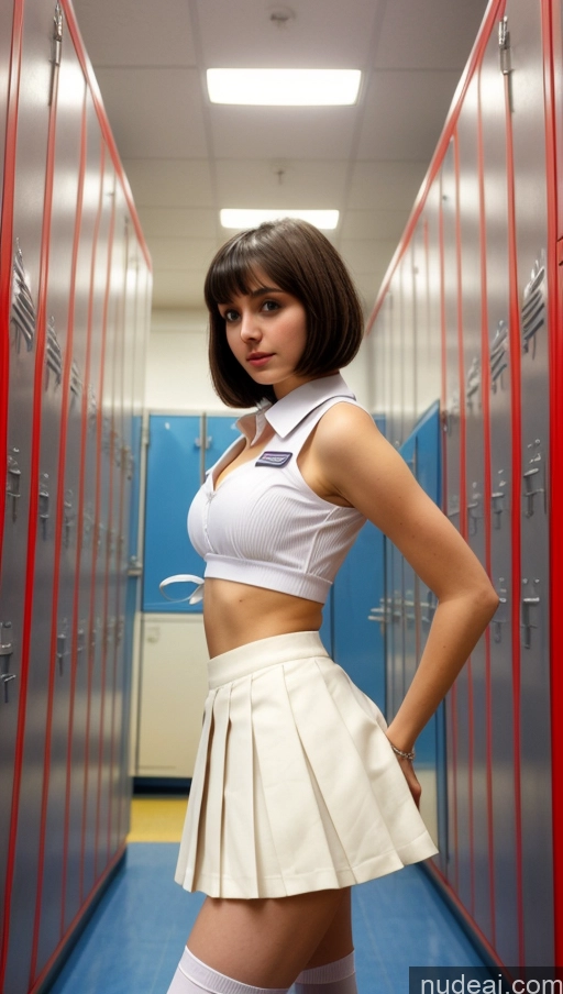 ai nude image of arafed woman in a white skirt and white shirt posing in a hallway pics of One Small Tits Beautiful Skinny Small Ass Fairer Skin 18 Brunette Short Hair Russian Mini Skirt Tie Detailed Locker Room School Uniform, Cleavage Cutout, Clothing Cutout, Pleated Skirt, Thighhighs Crop Top