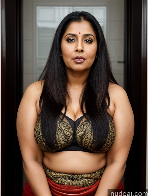 ai nude image of there is a woman in a black bra top and red skirt pics of Milf One Busty Chubby Dark Skin 30s Shocked Black Hair Long Hair Indian Surrealist Changing Room Front View Salwar Sari Transparent