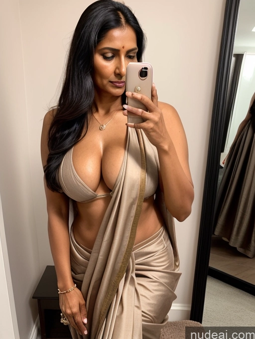 ai nude image of araffe woman in a sari taking a selfie in a mirror pics of One Tanned Skin Milf Black Hair Long Hair Indian Close-up View Perfect Boobs 40s Nude Sari Mirror Selfie