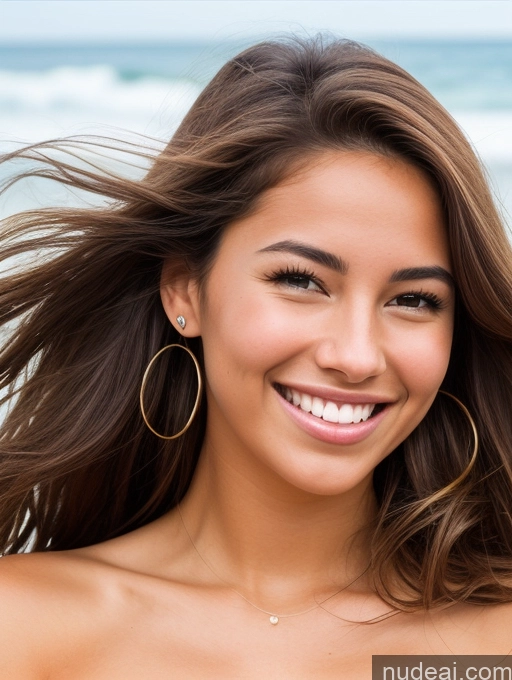 ai nude image of smiling woman with long brown hair and big hoop earrings on beach pics of Woman One Beautiful 18 Happy Brunette Long Hair Latina Beach Front View Nude Tanned Skin Surrealist Simple