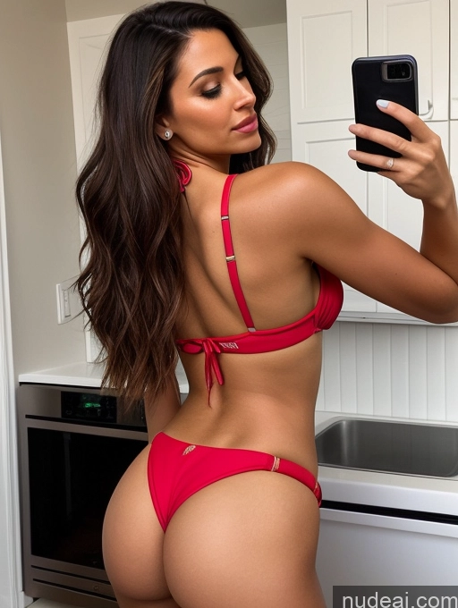 ai nude image of araffe in a red bikini taking a selfie in a kitchen pics of Cooking Back View Party Mirror Selfie Latina Long Hair Brunette Seductive 20s Big Ass Skinny Perfect Body One Woman Crop Top Microkini