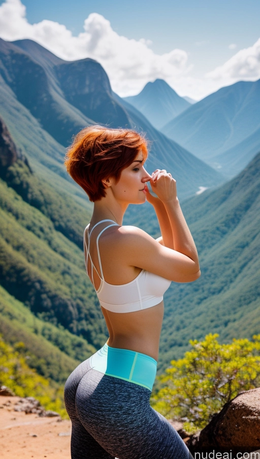 ai nude image of arafed woman in a white top and blue pants standing on a rock pics of Woman Beautiful Skinny Fairer Skin 20s Sexy Face Ginger Short Hair Brazilian 3d Mountains Front View Yoga Yoga Pants Bright Lighting Alternative Small Tits