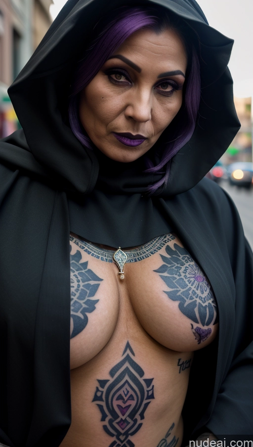 ai nude image of arafed woman with purple hair and a hood on her head pics of Milf Purple Hair Egyptian Close-up View Perfect Boobs Tattoos Create An Open Vagina Cultist Hood Street