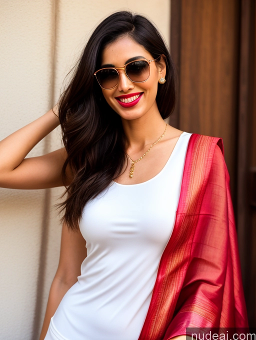 ai nude image of araffe woman wearing a red and white sari and sunglasses pics of Woman Small Tits Sunglasses Lipstick Small Ass Long Legs Tall Pubic Hair Fairer Skin 20s Happy Black Hair Bobcut Sari Thick