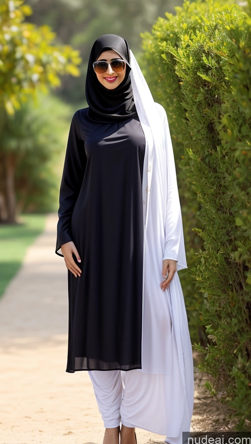 ai nude image of araffe wearing a black and white outfit and sunglasses standing in a park pics of Woman Small Tits Sunglasses Lipstick Small Ass Long Legs Tall Pubic Hair Fairer Skin 20s Happy Black Hair Bobcut Thick Arabic Salwar Niqab