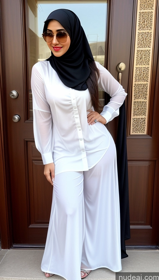 ai nude image of araffe wearing a white shirt and black scarf standing in front of a door pics of Woman Small Tits Sunglasses Lipstick Small Ass Long Legs Tall Pubic Hair Fairer Skin 20s Happy Black Hair Bobcut Thick Arabic Salwar Niqab