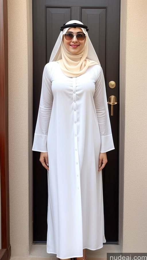 ai nude image of araffe dressed in a white robe and sunglasses standing in front of a door pics of Woman Sunglasses Lipstick Small Ass Long Legs Tall Pubic Hair Fairer Skin 20s Happy Black Hair Bobcut Thick Arabic Salwar Niqab Perfect Boobs