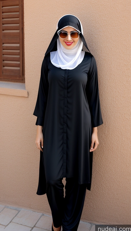 ai nude image of woman in nun outfit standing against a wall with sunglasses on pics of Woman Sunglasses Lipstick Small Ass Long Legs Tall Pubic Hair Fairer Skin 20s Happy Black Hair Bobcut Thick Arabic Salwar Niqab Perfect Boobs