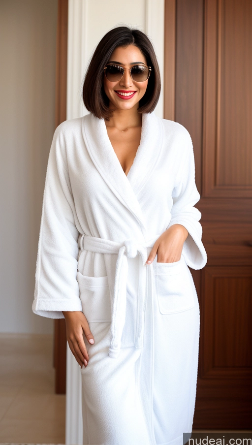 ai nude image of arafed woman in a white robe and sunglasses standing in a hallway pics of Woman Sunglasses Lipstick Small Ass Long Legs Tall Pubic Hair Fairer Skin 20s Happy Black Hair Bobcut Thick Arabic Perfect Boobs Bathrobe