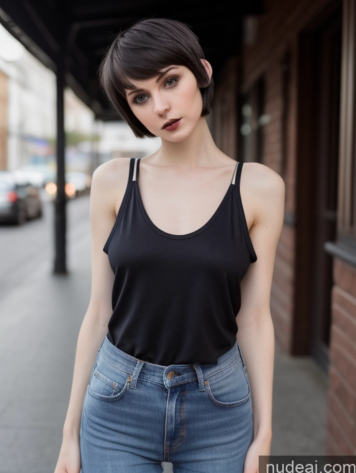 ai nude image of arafed woman in black tank top and jeans standing on sidewalk pics of Brunette Small Tits Small Ass Skinny Beautiful Fairer Skin Short Hair Russian Goth Jeans Tank Top 18 Detailed