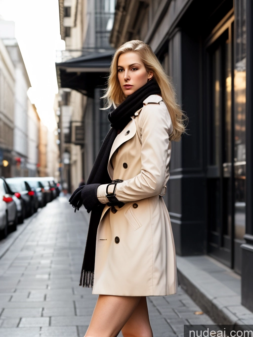 ai nude image of blond woman in trench coat and scarf walking down a city street pics of Woman One Big Ass Long Legs Perfect Body Fairer Skin 20s Blonde Long Hair Russian Working Out Bright Lighting Dark Lighting Trench Coat Street Boots Scarf Serious Seductive Sexy Face Side View