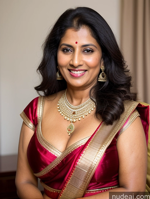 ai nude image of smiling woman in red sari posing for a picture in a room pics of Milf Perfect Boobs 40s Happy Black Hair Long Hair Indian Front View Sari Traditional Tanned Skin