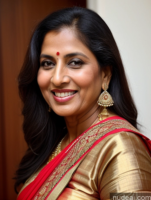 ai nude image of smiling woman in a red and gold sari with gold earrings pics of Milf Perfect Boobs 40s Happy Black Hair Long Hair Indian Front View Sari Traditional Tanned Skin