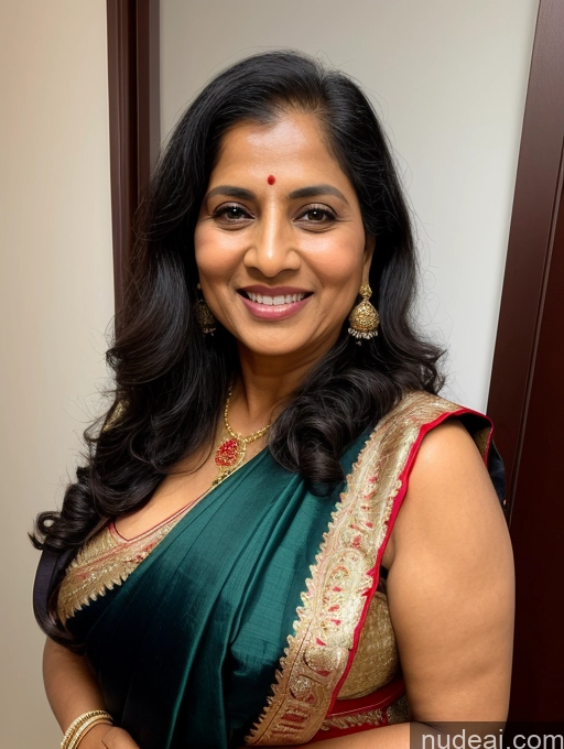 ai nude image of smiling woman in green sari with gold jewelry and red blouse pics of Milf Perfect Boobs 40s Happy Black Hair Long Hair Indian Front View Sari Traditional Tanned Skin