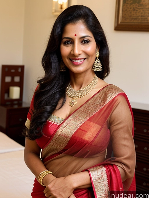 ai nude image of smiling woman in red sari posing in a hotel room pics of Milf Perfect Boobs 40s Happy Black Hair Long Hair Indian Front View Tanned Skin Bedroom Sari Transparent Traditional