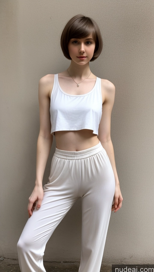 ai nude image of arafed woman in white top and pants posing for a picture pics of Small Tits Beautiful Skinny Fairer Skin 18 Russian Short Hair Small Ass Brunette Tank Top Harem Pants Street