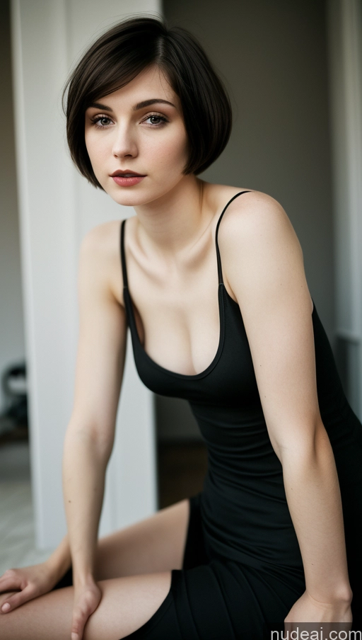 ai nude image of there is a woman sitting on the floor in a black dress pics of Small Tits Beautiful Skinny Fairer Skin 18 Russian Short Hair Small Ass Brunette Tank Top Goth Close-up View