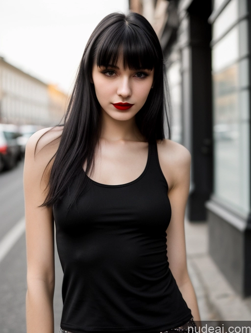 ai nude image of arafed woman with long black hair and red lipstick standing on the sidewalk pics of 18 Small Tits Skinny Beautiful Russian Close-up View Goth Tank Top Street Bangs Lipstick Black Hair