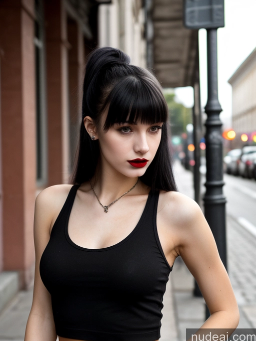 ai nude image of arafed woman with black hair and red lipstick standing on a sidewalk pics of 18 Small Tits Skinny Beautiful Russian Close-up View Goth Tank Top Street Bangs Lipstick Black Hair