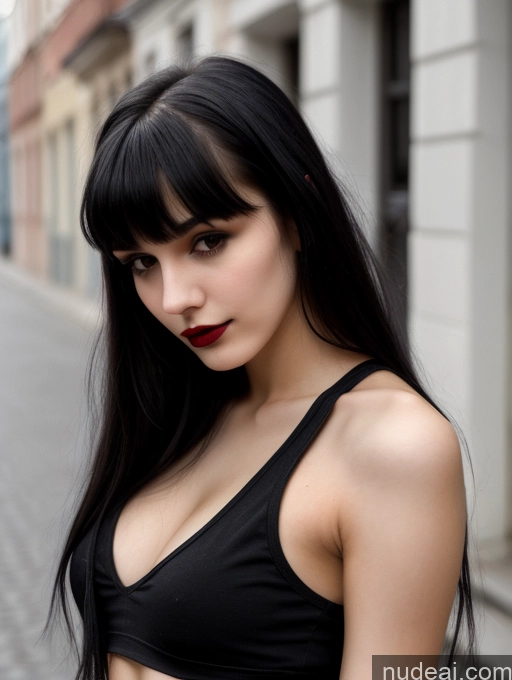 ai nude image of arafed woman with long black hair and a black bra top pics of 18 Small Tits Skinny Beautiful Russian Close-up View Goth Tank Top Street Bangs Lipstick Black Hair