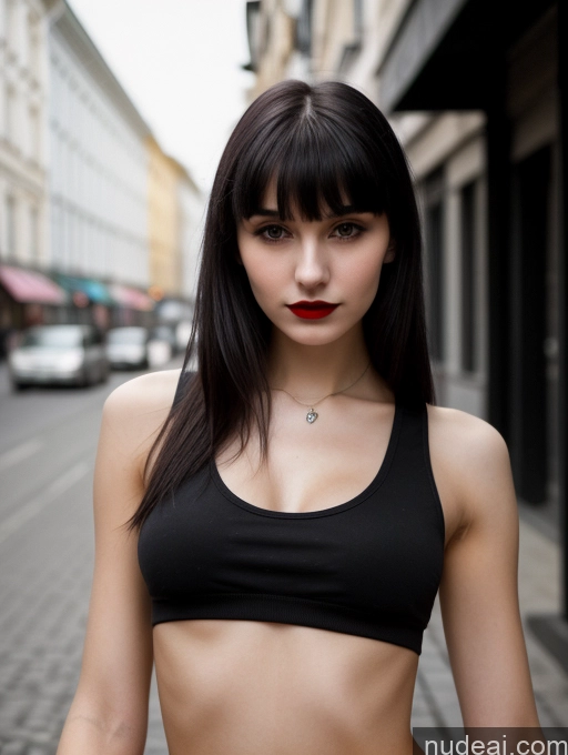 ai nude image of arafed woman in a black top and red lipstick standing on a street pics of 18 Small Tits Skinny Beautiful Russian Close-up View Goth Tank Top Street Bangs Lipstick Black Hair