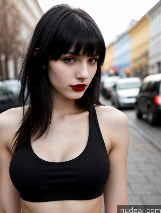 ai nude image of arafed woman with black hair and red lipstick standing on a city street pics of 18 Small Tits Skinny Beautiful Russian Close-up View Goth Tank Top Street Bangs Lipstick Black Hair