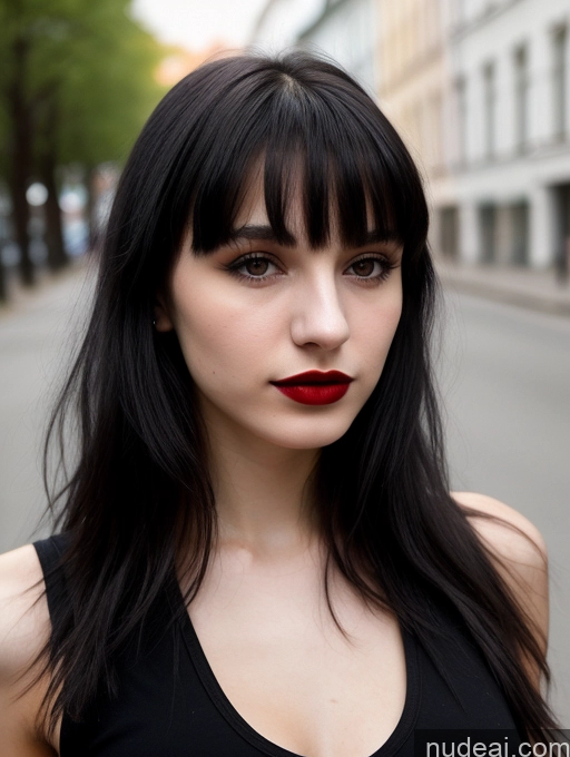 ai nude image of arafed woman with long black hair and red lipstick on a city street pics of 18 Small Tits Skinny Beautiful Russian Close-up View Goth Tank Top Street Bangs Lipstick Black Hair