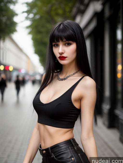 ai nude image of arafed woman in black top and black pants on a city street pics of 18 Small Tits Skinny Beautiful Russian Close-up View Goth Tank Top Street Bangs Lipstick Black Hair