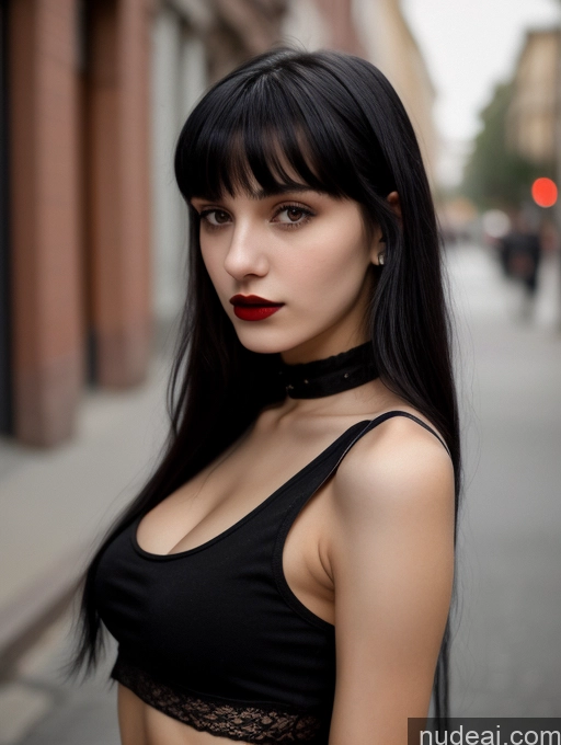 ai nude image of arafed woman with black hair and a black bra top pics of 18 Small Tits Skinny Beautiful Russian Close-up View Goth Tank Top Street Bangs Lipstick Black Hair